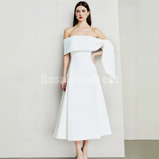 BDES00076 White Designed A-line Off-The-Shoulder Sleeveless Asymmetric Satin Maxi Dress