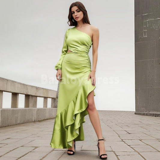 BDES00083 Satin Cocktail Dresses for Women Evening Party One Shoulder Asymmetrical Dress Prom Dress