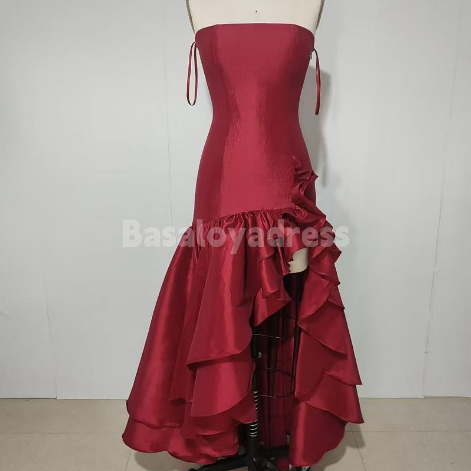 BSD00019 Women's High Slit Tight Leg-revealing Off-Shoulder Ruffled Homecoming Dress