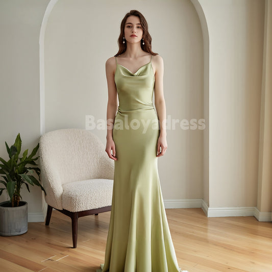 BDES00138 Mermaid Light Olive Spaghetti Straps Satin Cowl-Neck Ruched Maxi Dress