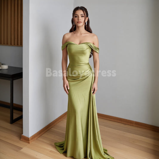 BDES00139 Olive Off-the-shoulder Mermaid Satin Neck Ruched Maxi Dress