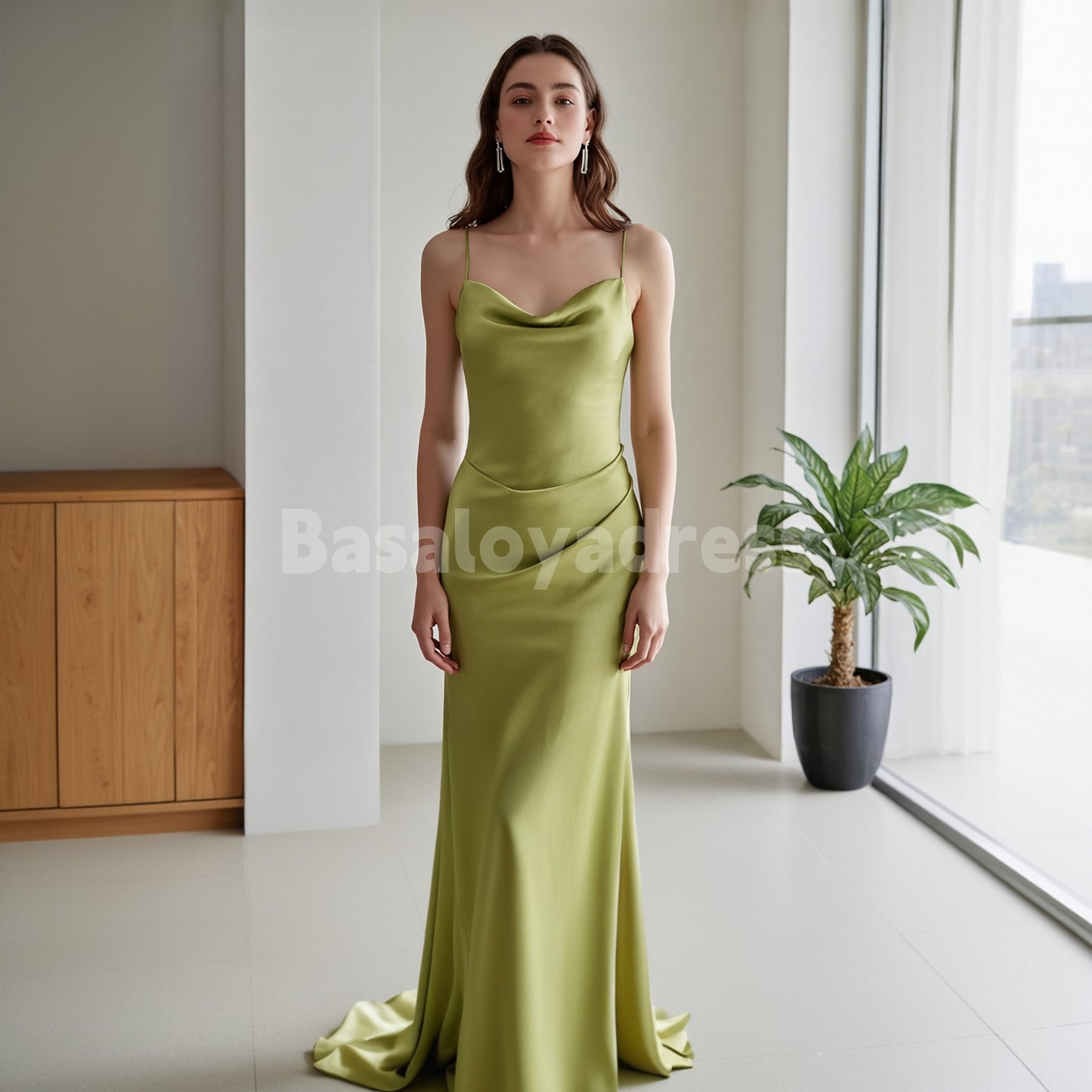 BDES00140 Olive Mermaid Spaghetti Straps Satin Cowl-Neck Ruched Maxi Prom Dress