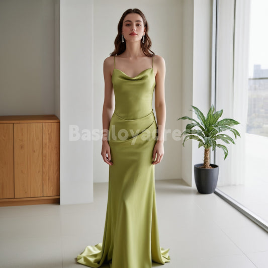 BDES00140 Olive Mermaid Spaghetti Straps Satin Cowl-Neck Ruched Maxi Prom Dress
