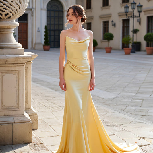 BDES00141 Satin Strapless Ruched Mermaid Dress Maxi Bridesmaid Dresses