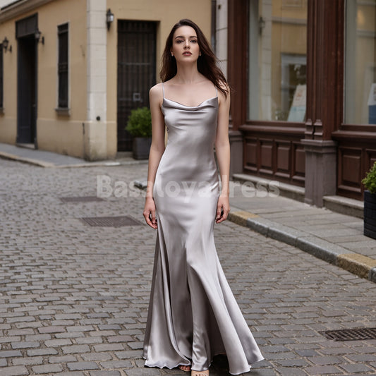 BDES00149 Silver Gray Soft Satin Spaghetti Strap Maxi Dress Mermaid Evening Dress