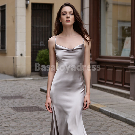 BDES00149 Silver Gray Soft Satin Spaghetti Strap Maxi Dress Mermaid Evening Dress