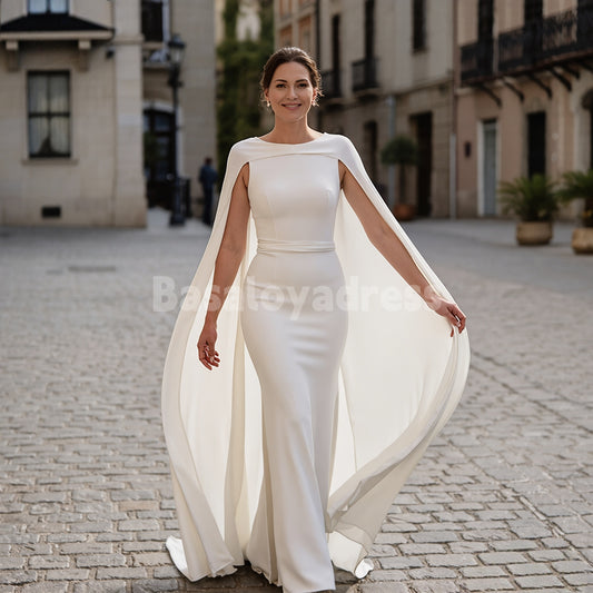 BWD00069 Unique Design Cape Train Boat Neck Maxi Wedding Dress