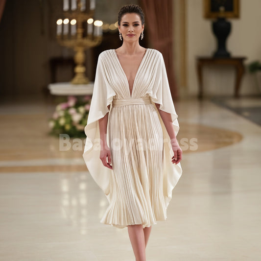 BDES00151 V-Neck Pleated Midi Dress with Cape Mother of the Bride Dress