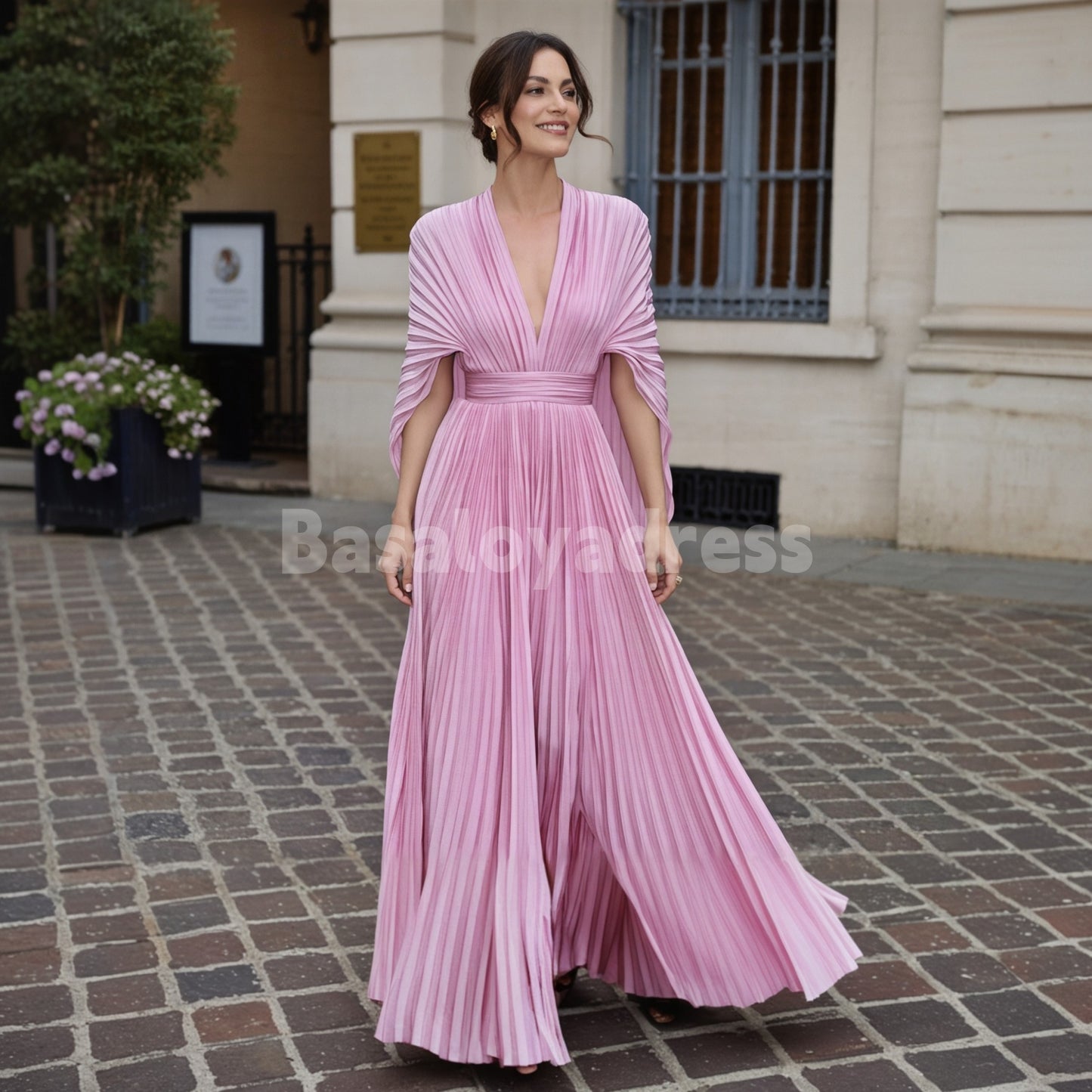 BDES00153 V-Neck Pleated Maxi Prom Dress with Cape Mother of the Bride Dress