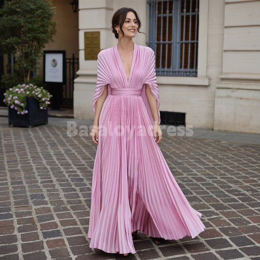 BDES00153 V-Neck Pleated Maxi Prom Dress with Cape Mother of the Bride Dress