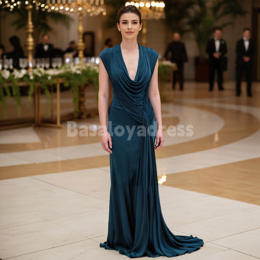 BDES00154 Exquisite Low Cut Soft Satin Draped Evening Dress Mother of the Bride Dresses