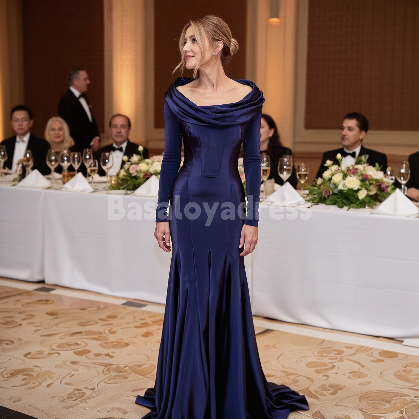 BDES00156 Mom Formal Long Sleeve Satin Evening Gown Cowl Neck Mermaid Dress with Pleats