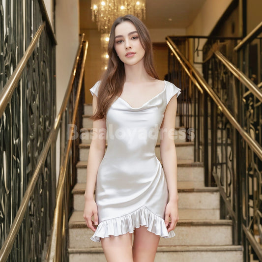 BSD00079 Satin Cocktail Party Dresses Scoop Neck Pleated Mini Dress for Homecoming and Cocktail