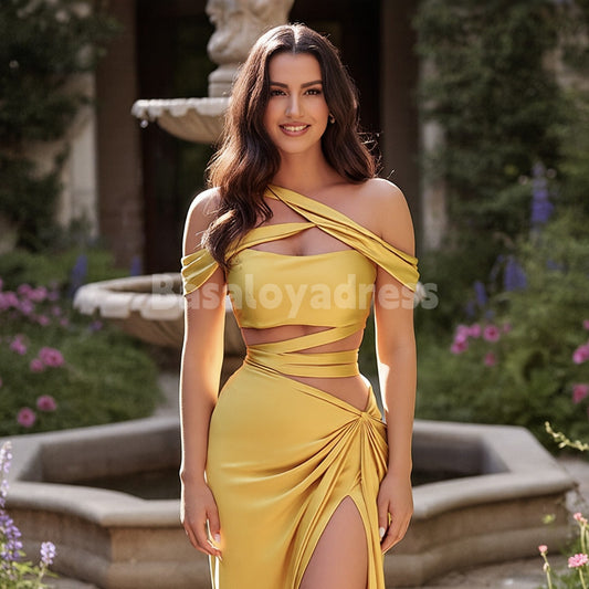 BDES00157 Minimalist One Shoulder Cut Out Split Pleats Long Prom Dress