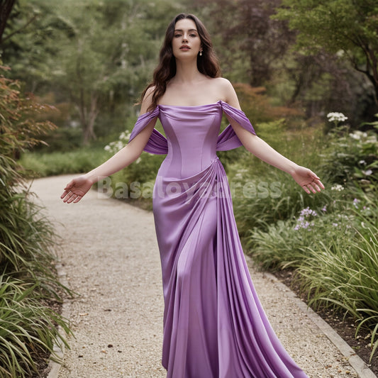 BDES00159 Purple Off Shoulder Soft Satin Maxi Dress with Pleats