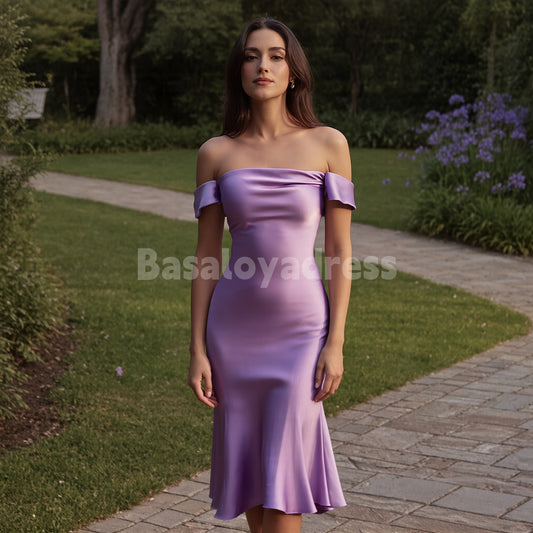 BSD00091 Elegant Off-the-shoulder Sleeveless Midi Formal Dress Short Prom Dress