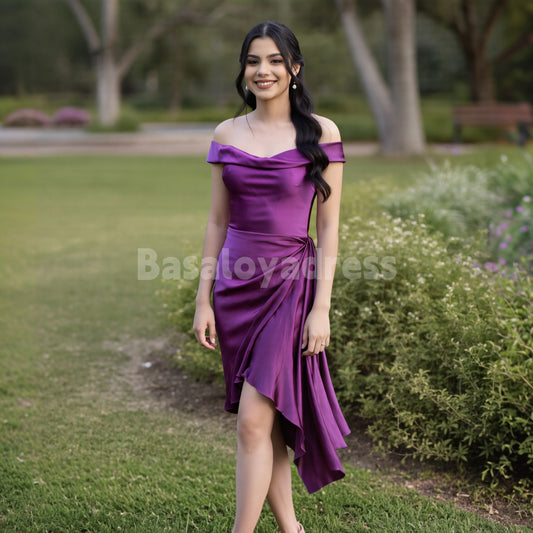 BSD00092 Fashion Soft Satin Off-the-shoulder Sleeveless Midi Dress Purple Prom Dress