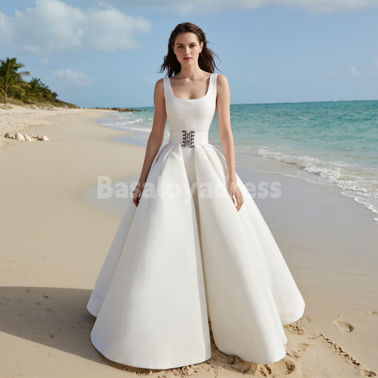 BWD00068 Designer Light Ivory A-Line Long Dress Satin Wedding Gown with Thick Belt