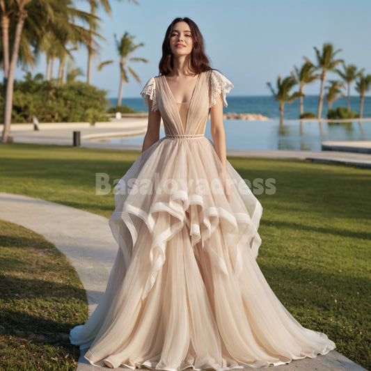 BDES00163 A Line V Neck Lace Short Sleeve Prom Dress Long Tulle Quinceanera Dress Layered Formal Dress with Train