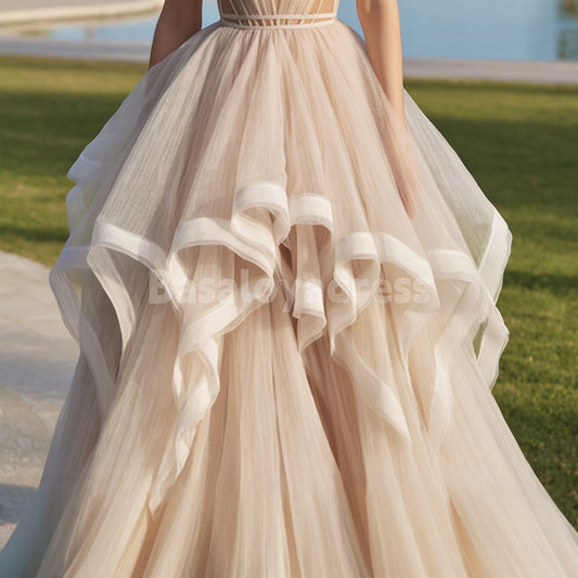 BDES00163 A Line V Neck Lace Short Sleeve Prom Dress Long Tulle Quinceanera Dress Layered Formal Dress with Train