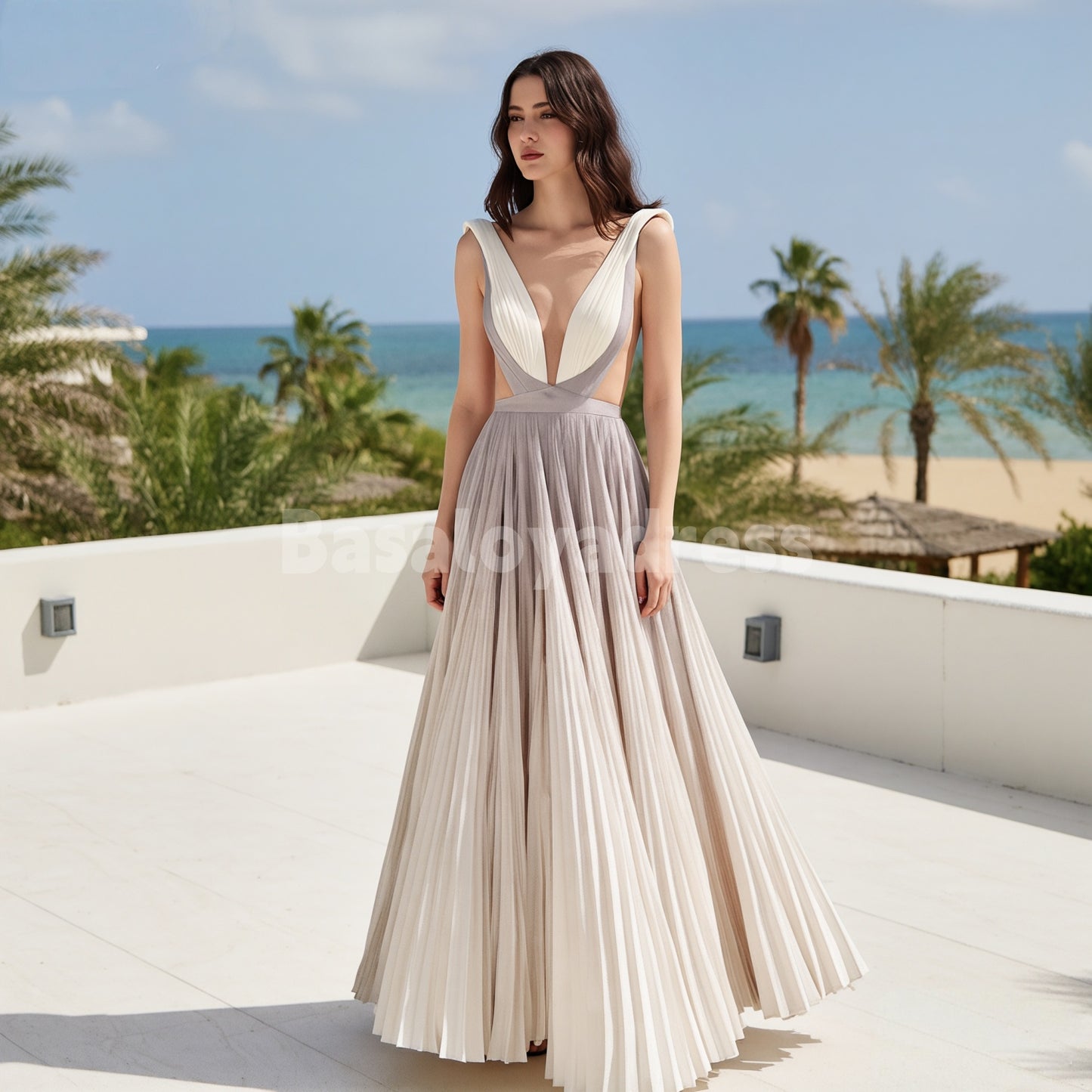 BDES00162 Elegant Gray-purple and White Gradient A-line Prom Dress with Pleats