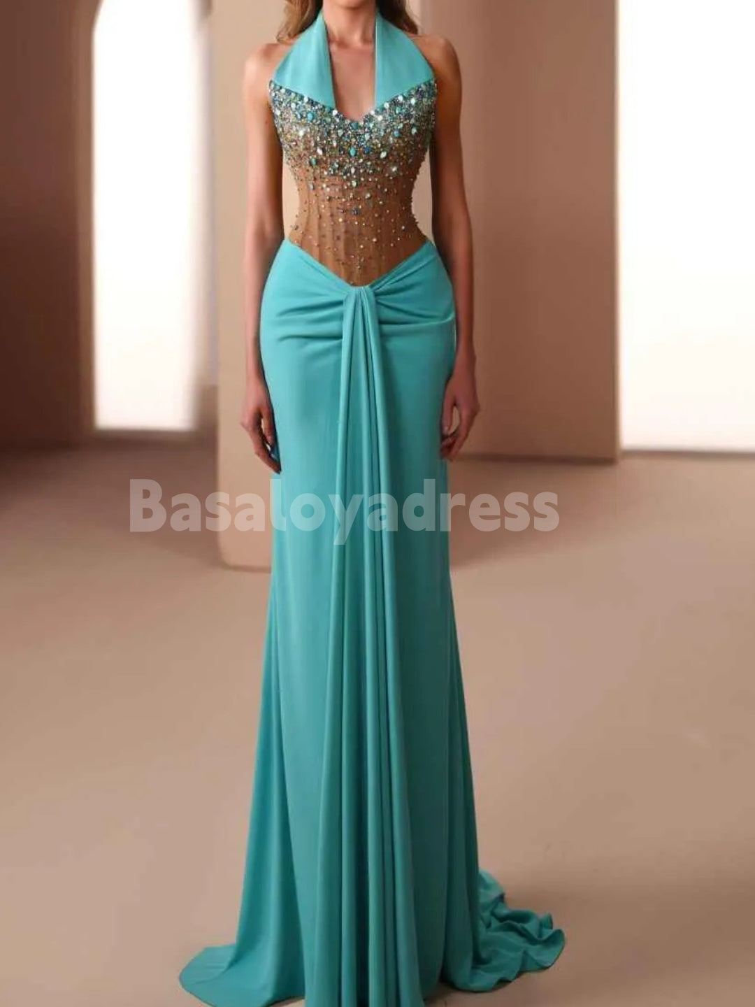BDES00094 Sexy Glamorous Turquoise Halter Strapless Beaded Sleeveless Semi-sheer Mermaid Prom Dress