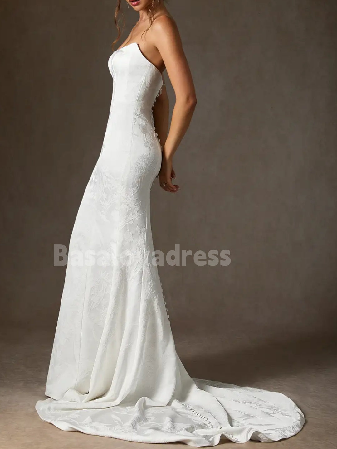 BWD00044 Mermaid Strapless Floral Jacquard Wedding Dress with Tulle and Diamond Gloves