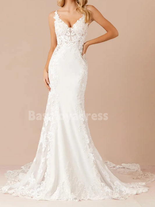 BWD00050  V-neck Sleeveless Lace Applique Illusion Bodice Mermaid Stretch Crepe Wedding Dress with Train