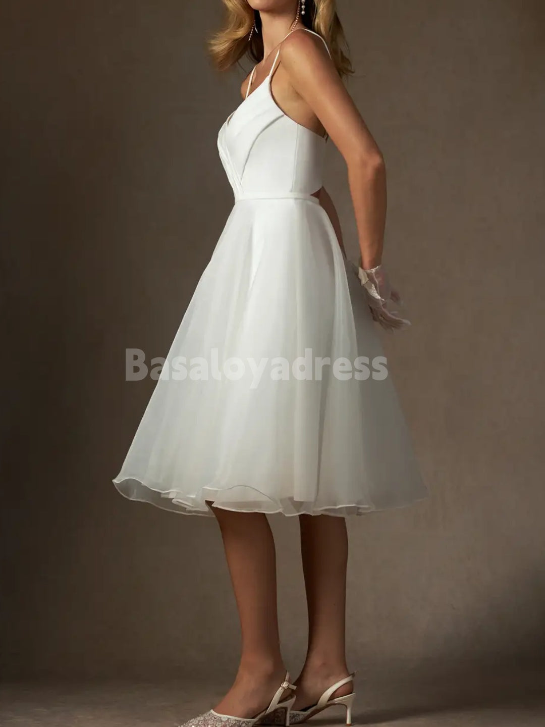 BWD00058 Light Ivory A-Line V-Neck Pleated Stretch Crepe Tulle Prom Dress Little White Knee-Length Wedding Dress