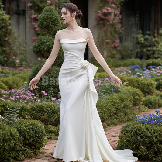 BWD00035 New French Style Mermaid Asymmetric Sleeveless Pleated Satin Floor Length Dress Prom Dress/Wedding Gown