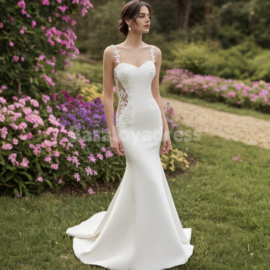 BWD00037 Women's Sweetheart Neckline Lace Applique Beach Mermaid  Wedding Dress Backless Boho Bridal Gowns Long