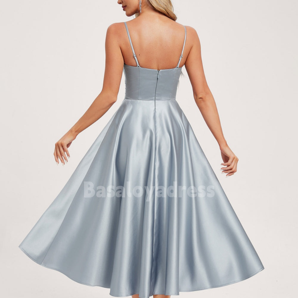 BSD00024 A-line V-Neck Tea-Length Spaghetti Strap Satin Cocktail Dress