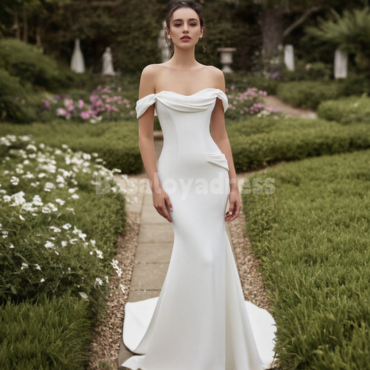 BWD00029 2026 New Beach Wedding Casual Wedding Dresses Simple Mermaid Off Shoulder Satin Bridal Gowns With Ruched