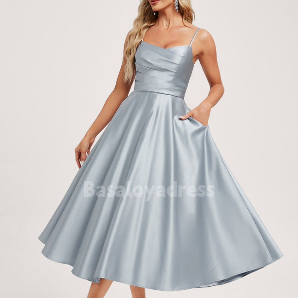 BSD00024 A-line V-Neck Tea-Length Spaghetti Strap Satin Cocktail Dress