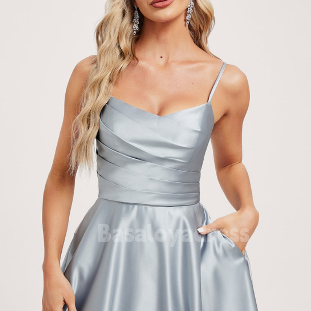 BSD00024 A-line V-Neck Tea-Length Spaghetti Strap Satin Cocktail Dress