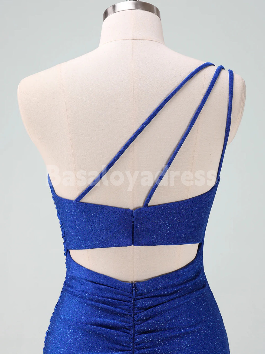 BSD00061 Royal Blue One Shoulder Bodycon Ruched Short Homecoming Dress with Back Cutout and Spaghetti Straps