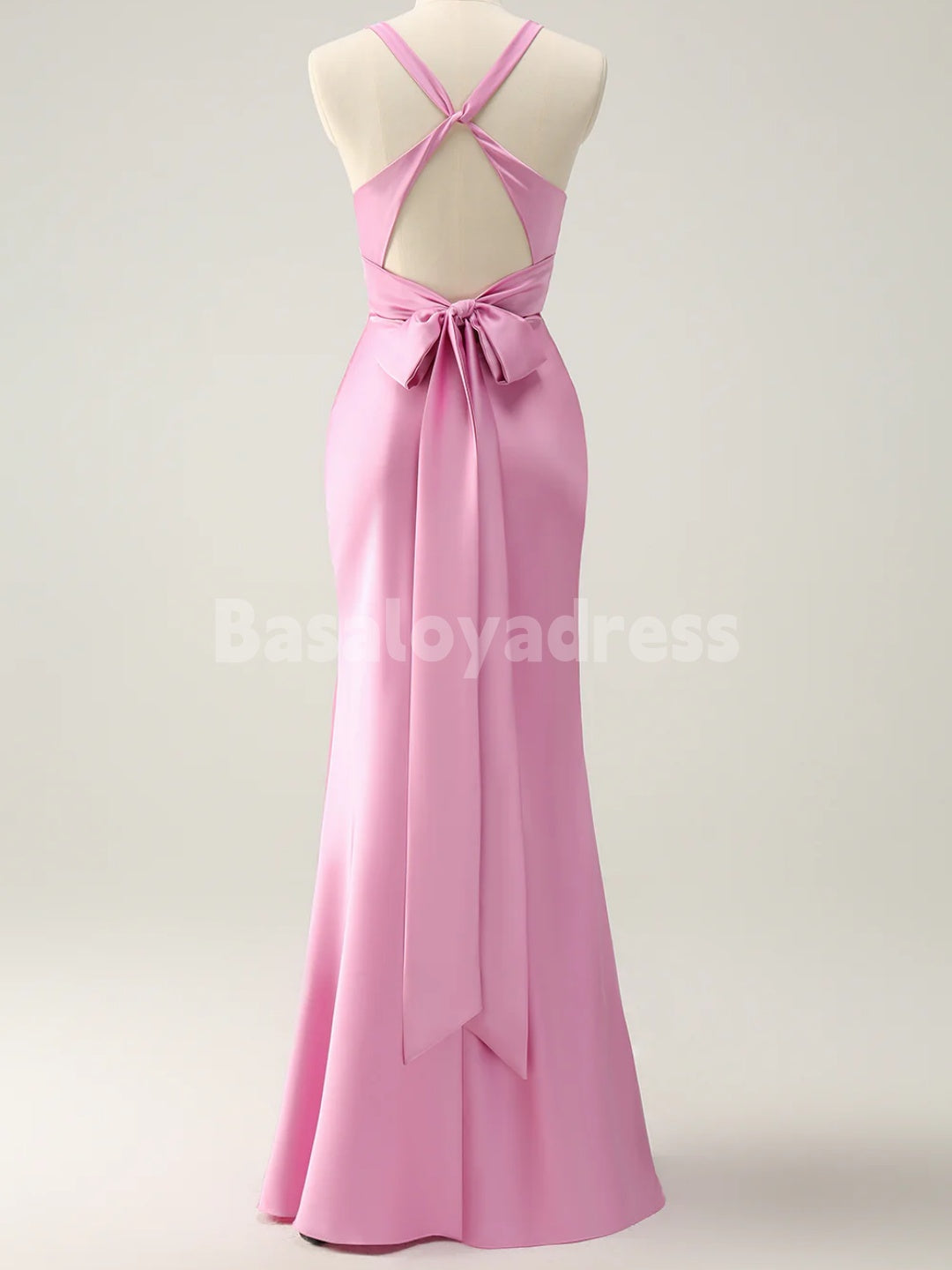 BDES00103 Pink Mermaid Deep V Neck Satin Ruched Long Bridesmaid Dress with Lace Up Back