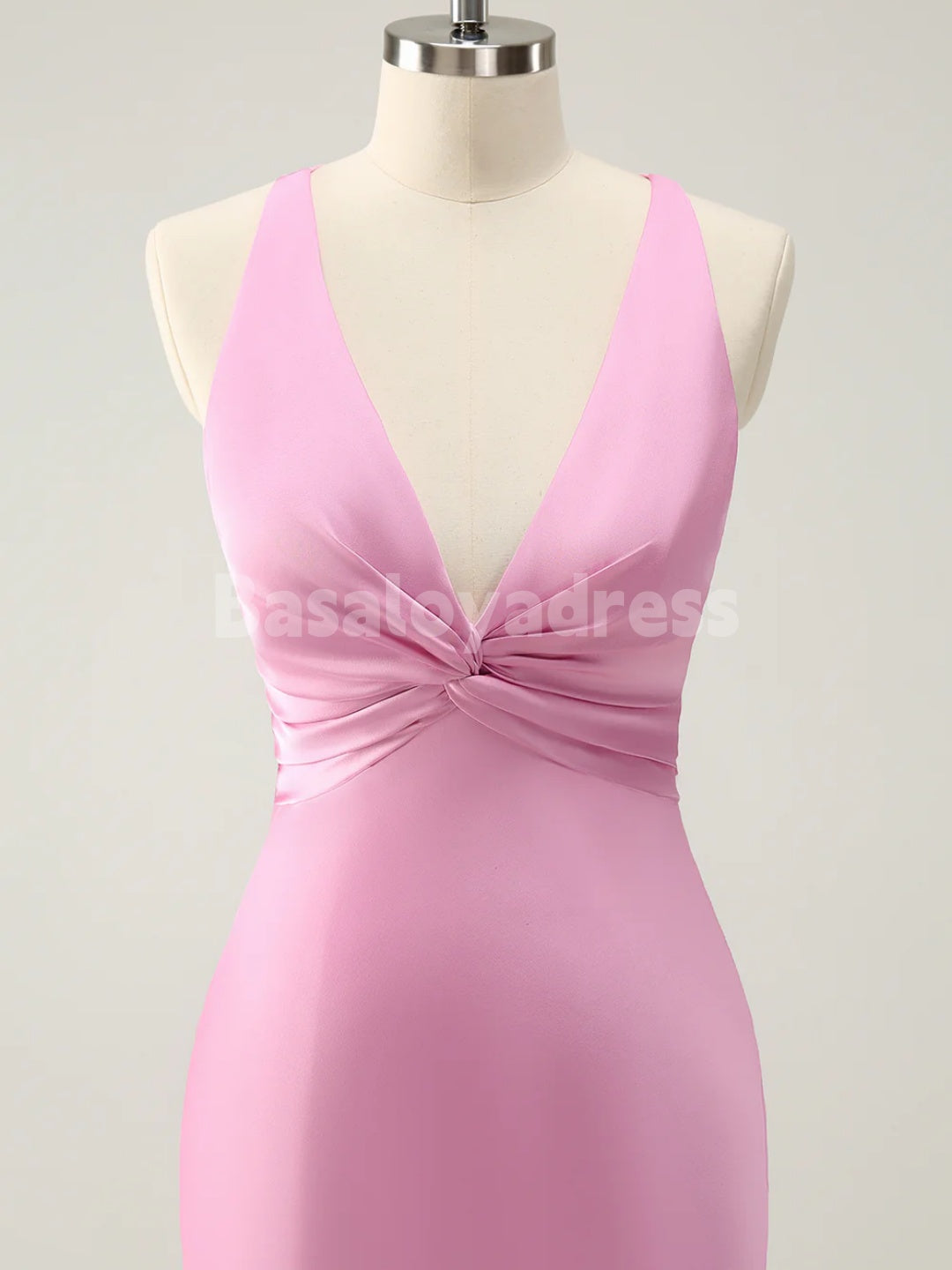 BDES00103 Pink Mermaid Deep V Neck Satin Ruched Long Bridesmaid Dress with Lace Up Back