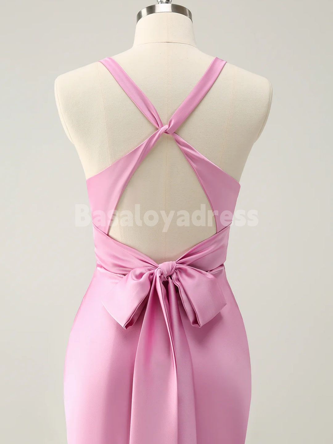 BDES00103 Pink Mermaid Deep V Neck Satin Ruched Long Bridesmaid Dress with Lace Up Back