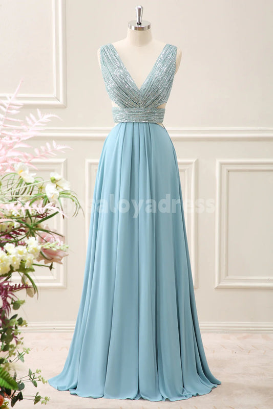 BDES00167 Sparkly Grey Blue A Line V Neck Cut Out Backless Sequined Maxi Prom Dress