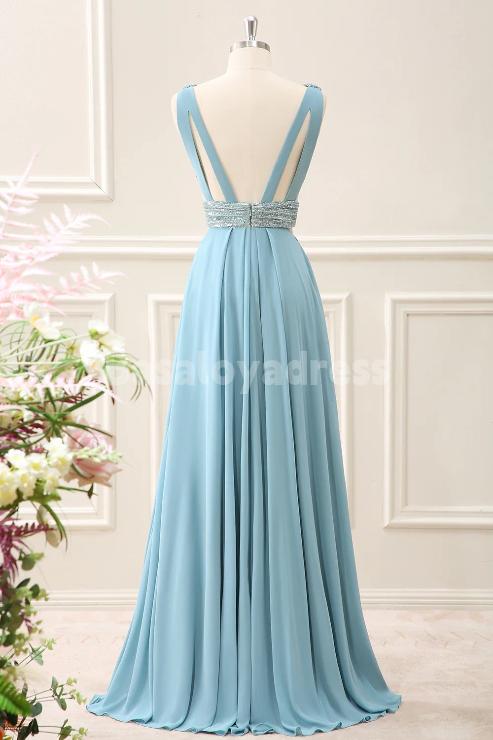 BDES00167 Sparkly Grey Blue A Line V Neck Cut Out Backless Sequined Maxi Prom Dress