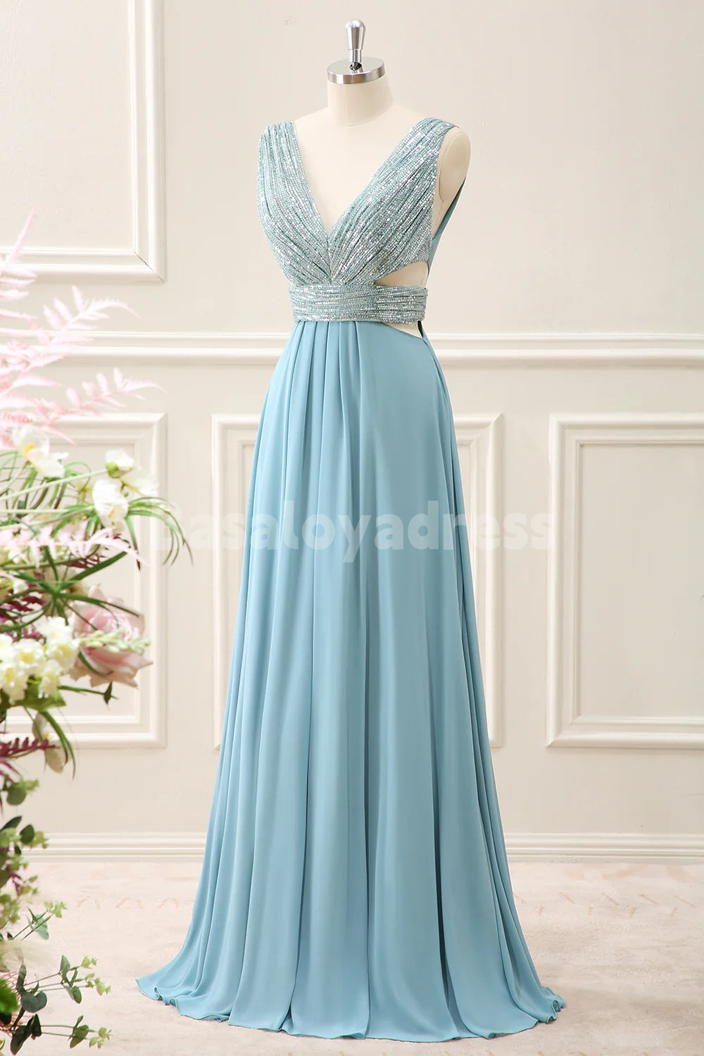 BDES00167 Sparkly Grey Blue A Line V Neck Cut Out Backless Sequined Maxi Prom Dress