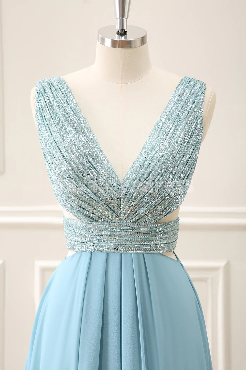 BDES00167 Sparkly Grey Blue A Line V Neck Cut Out Backless Sequined Maxi Prom Dress