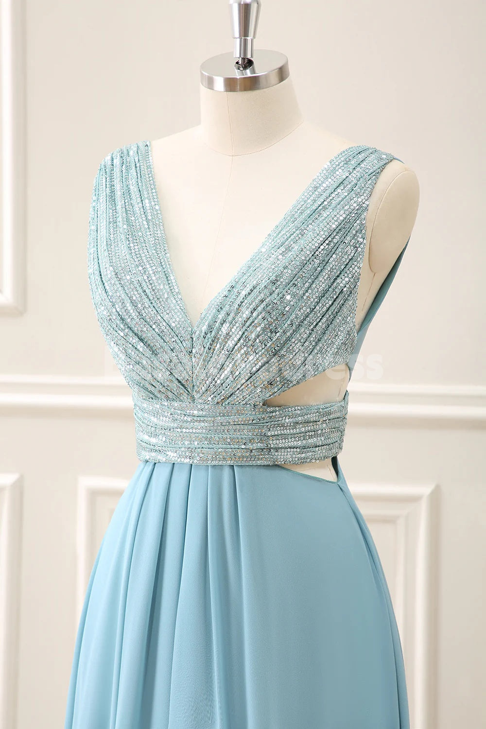 BDES00167 Sparkly Grey Blue A Line V Neck Cut Out Backless Sequined Maxi Prom Dress