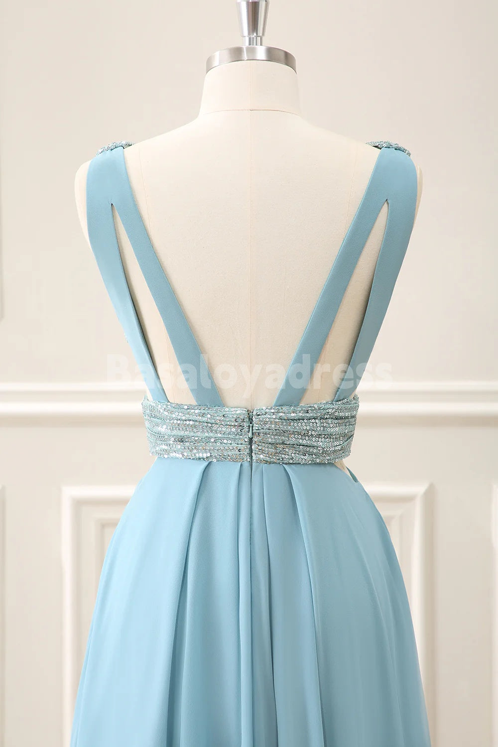 BDES00167 Sparkly Grey Blue A Line V Neck Cut Out Backless Sequined Maxi Prom Dress