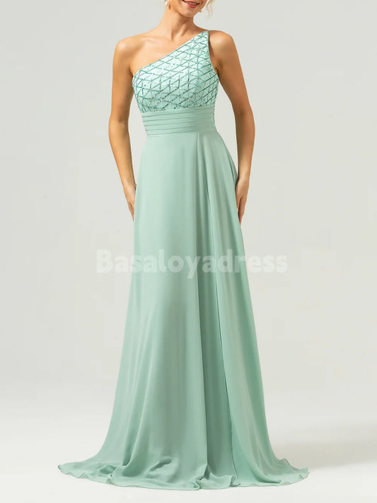 BDES00127 Elegant A-Line One Shoulder Chiffon Sequin Bridesmaid Dress Long Mother of the Brides Dresses