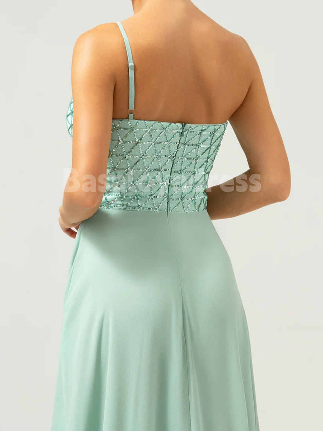 BDES00127 Elegant A-Line One Shoulder Chiffon Sequin Bridesmaid Dress Long Mother of the Brides Dresses