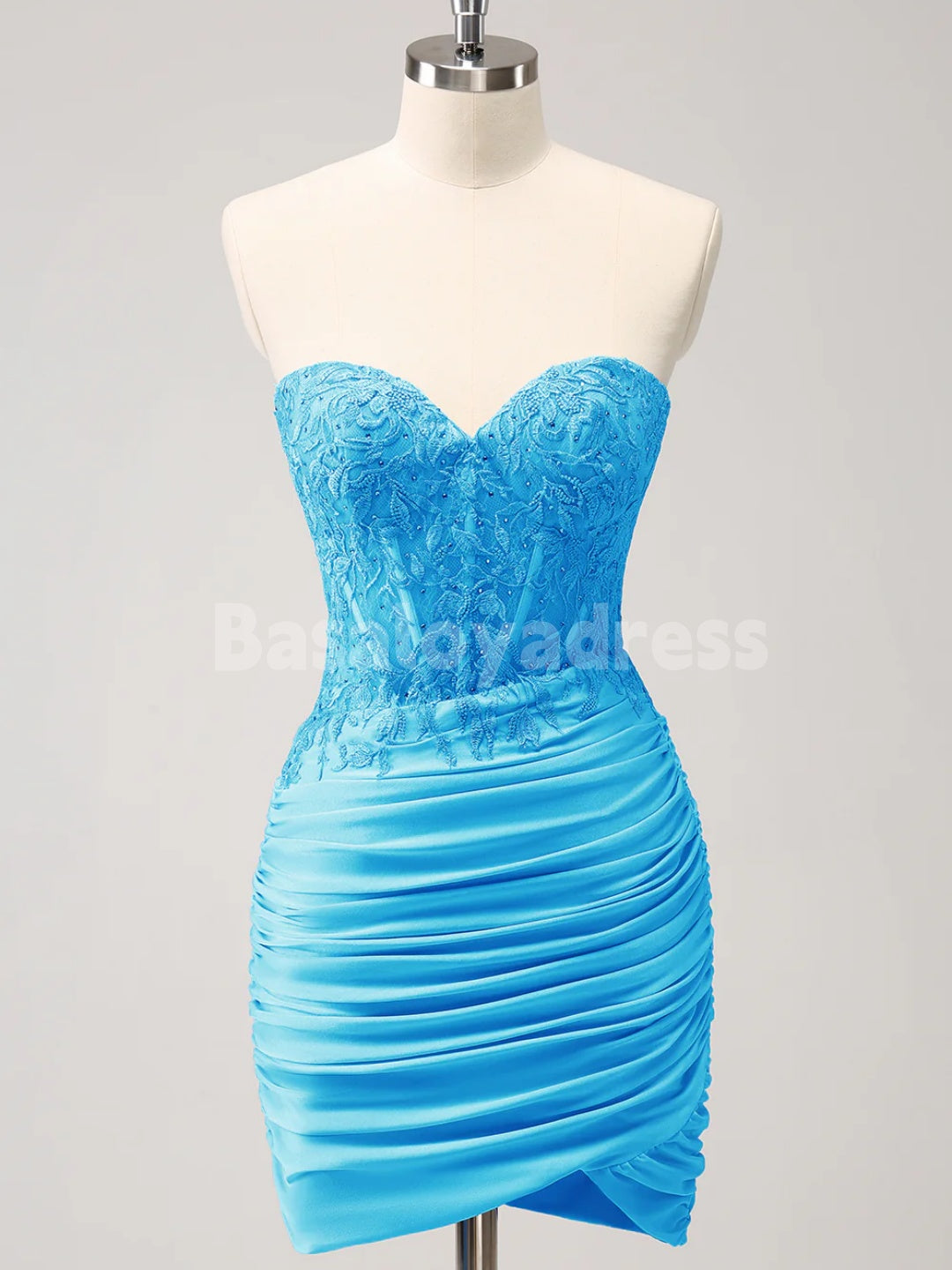 BSD00057 Glitter Lilac Tight Sweetheart Strapless Corset Pleated Tight Short Homecoming Dress with Lace Appliques and Beading