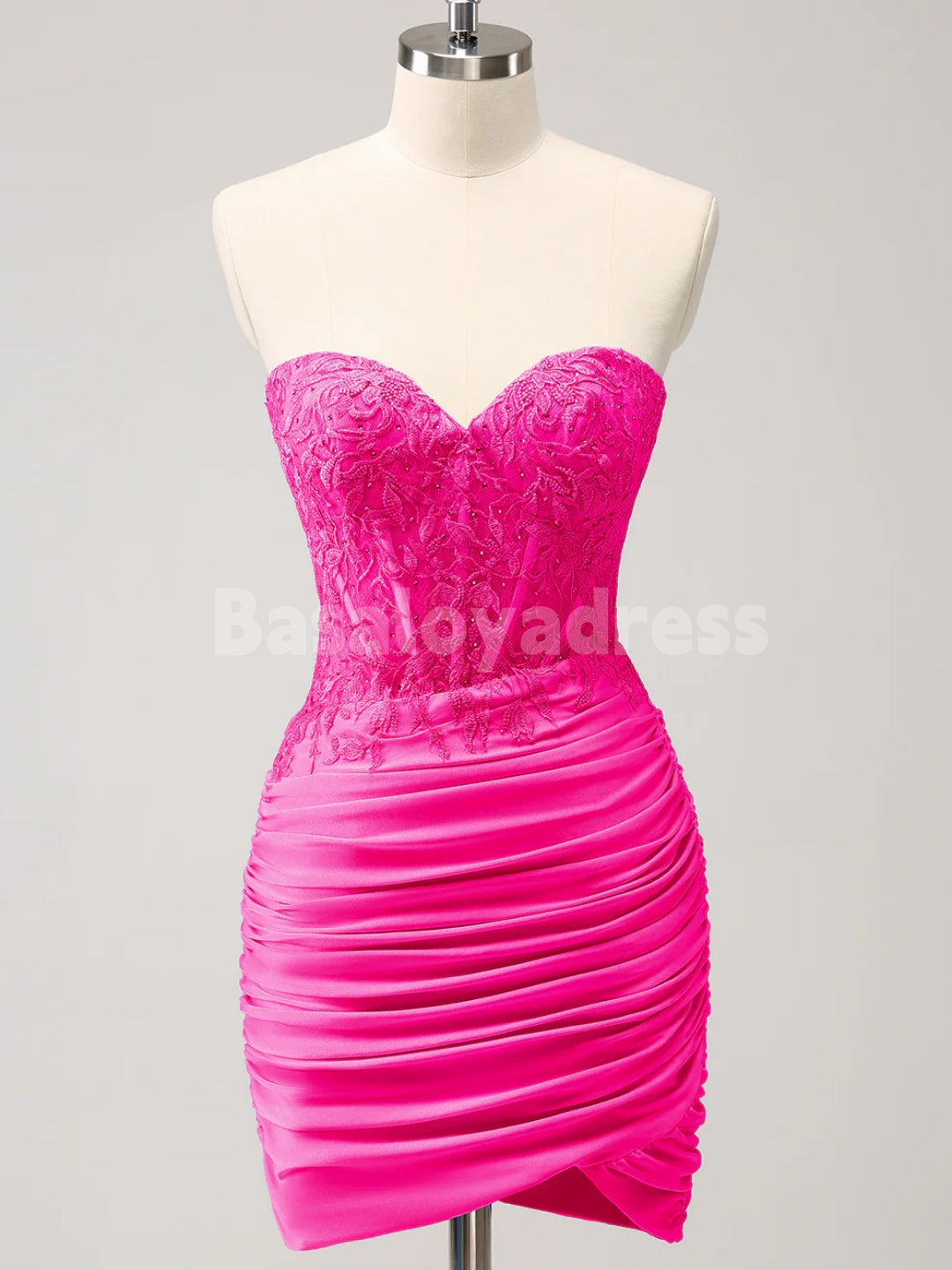 BSD00057 Glitter Lilac Tight Sweetheart Strapless Corset Pleated Tight Short Homecoming Dress with Lace Appliques and Beading