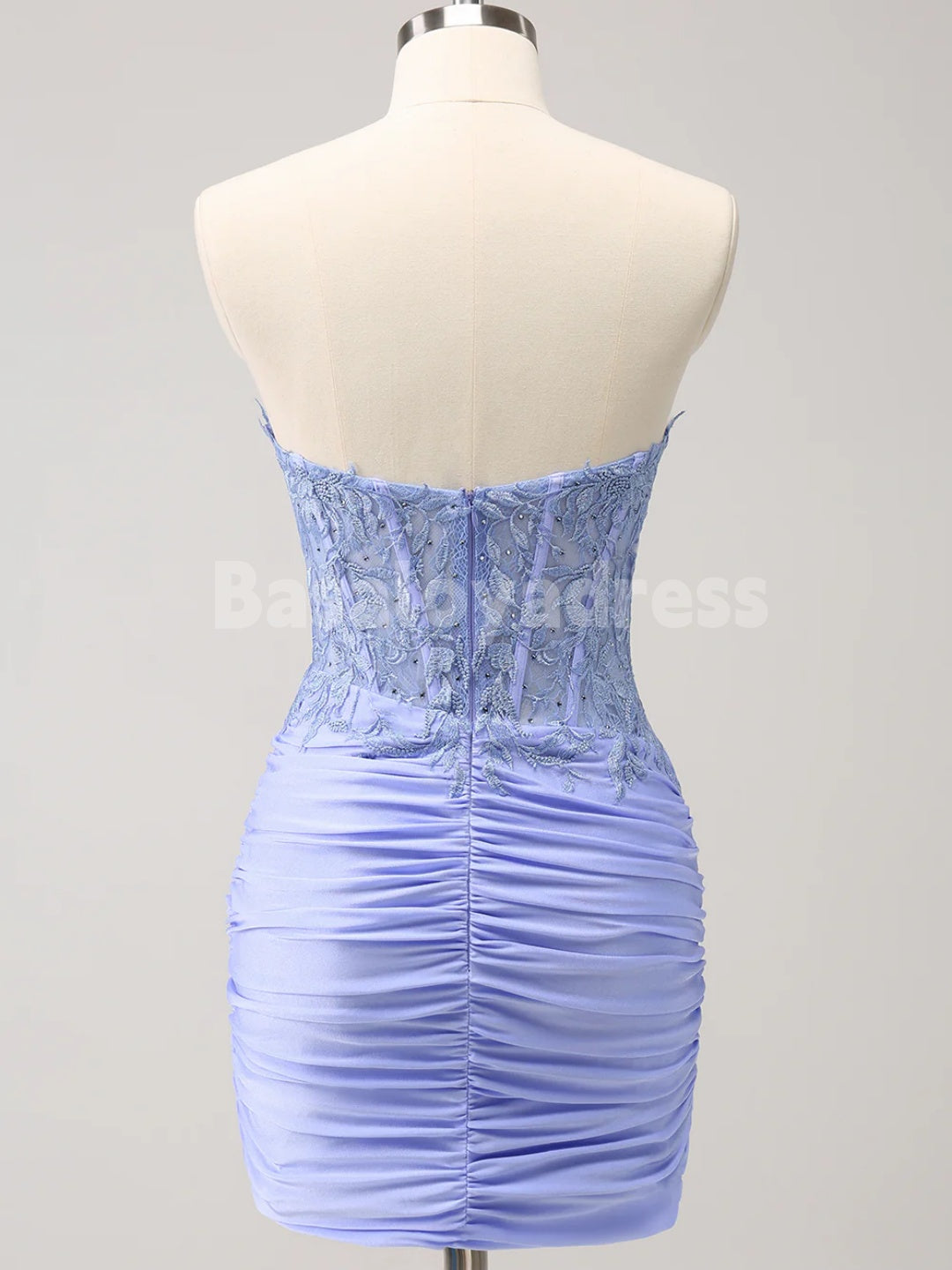BSD00057 Glitter Lilac Tight Sweetheart Strapless Corset Pleated Tight Short Homecoming Dress with Lace Appliques and Beading